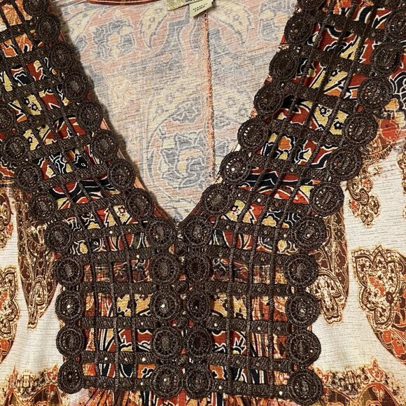 One World Womens Tunic Top Sz L Orange Brown Boho Open Crochet V-neck Fall L/S - Picture 3 of 12